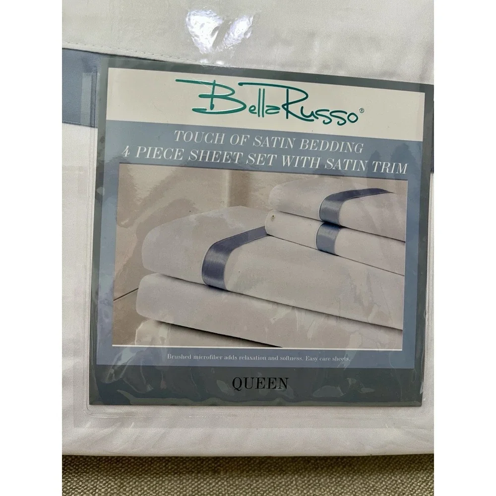 Queen Bed Set White Blue Satin Trim Bella Russo NEW Easy Care Brushed Microfiber